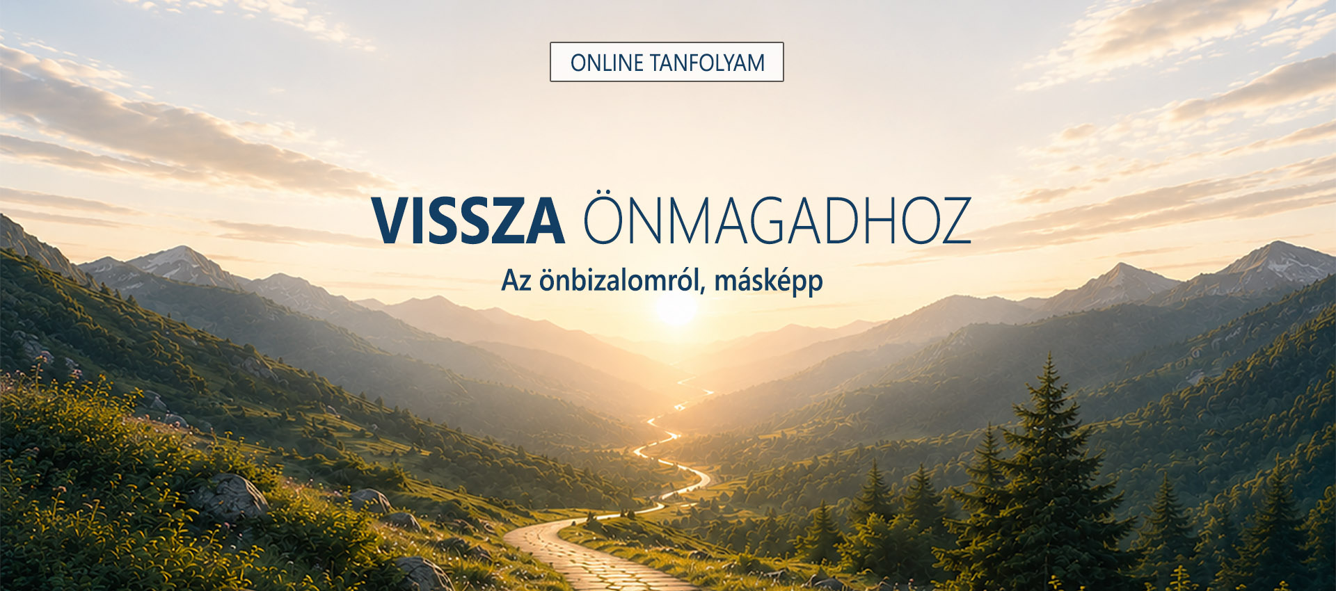 Hegyi tájon vezető út naplementében
